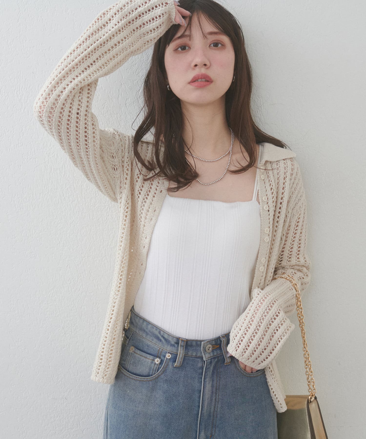 natural couture(ナチュラルクチュール)  【WEB限定】メッシュ編み衿付きニットカーディガン米（0351050690）