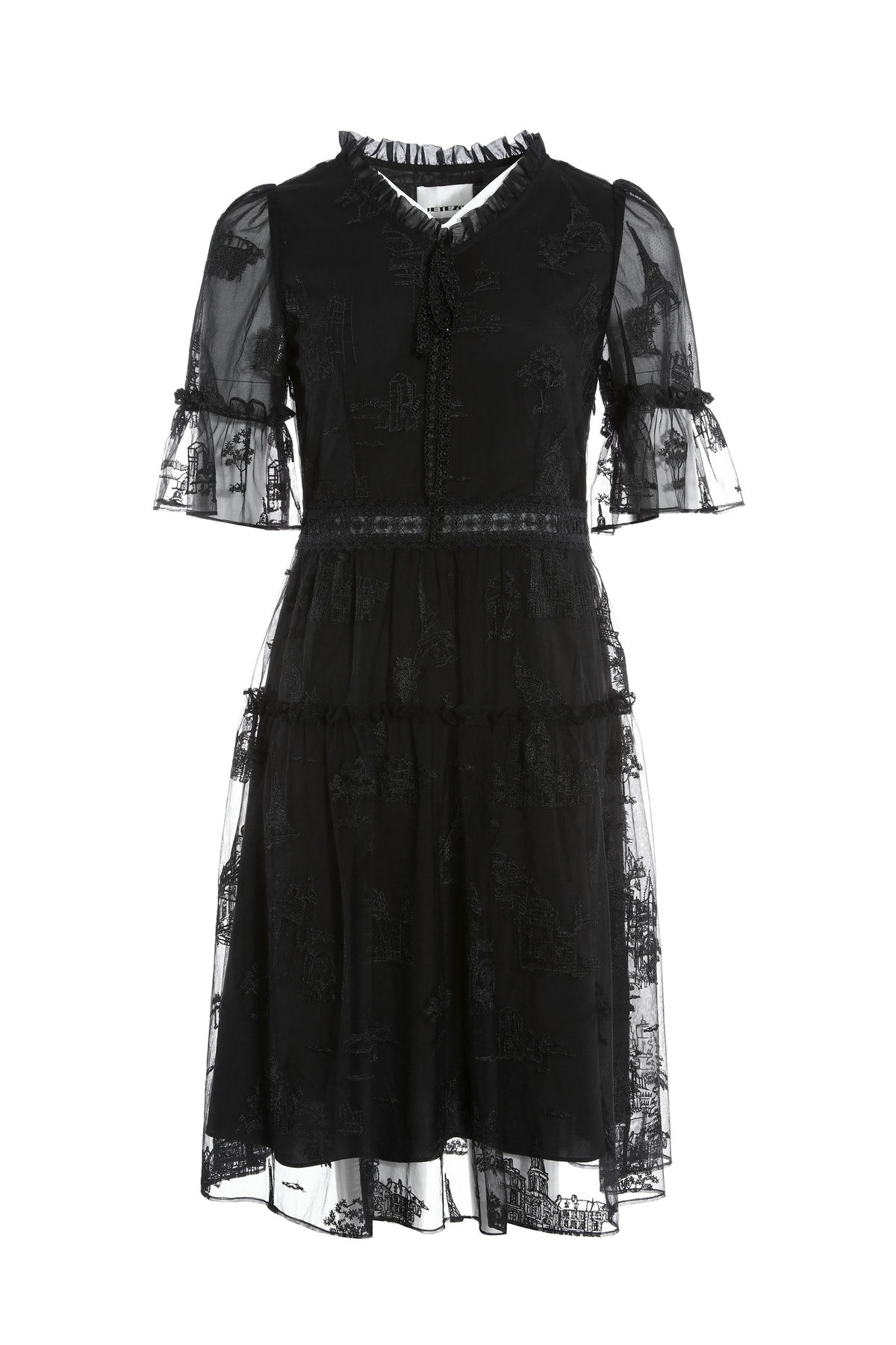 BC1EE122E1 莊園晚宴精細網紗荷葉V領洋裝