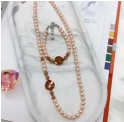 [S] GEMZ & CO RCS 1 SET NECKLACE & BRACELET,PEACH PEARL/COPPER, NE-009/BR-009 (Z185)
