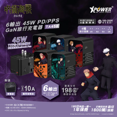 （2026新年限時優惠）XPower x 咒術迴戰 TA45B 6輸出 45W PD/PPS GaN旅行充電器