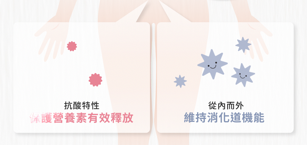 抗酸特性包覆，營養素有效釋放；從內而外維持消化道機能