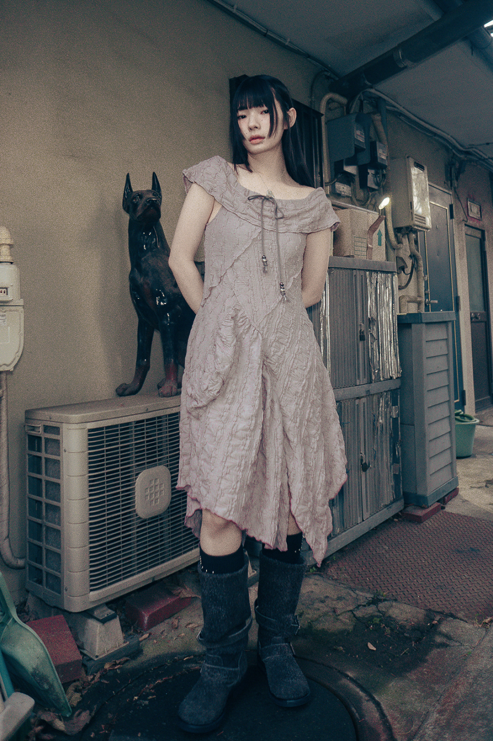 【HUGYOURSKIN】Drawstring Off-the-Shoulder Dress in Beige 11021-sage-front!cropl!bgcd!