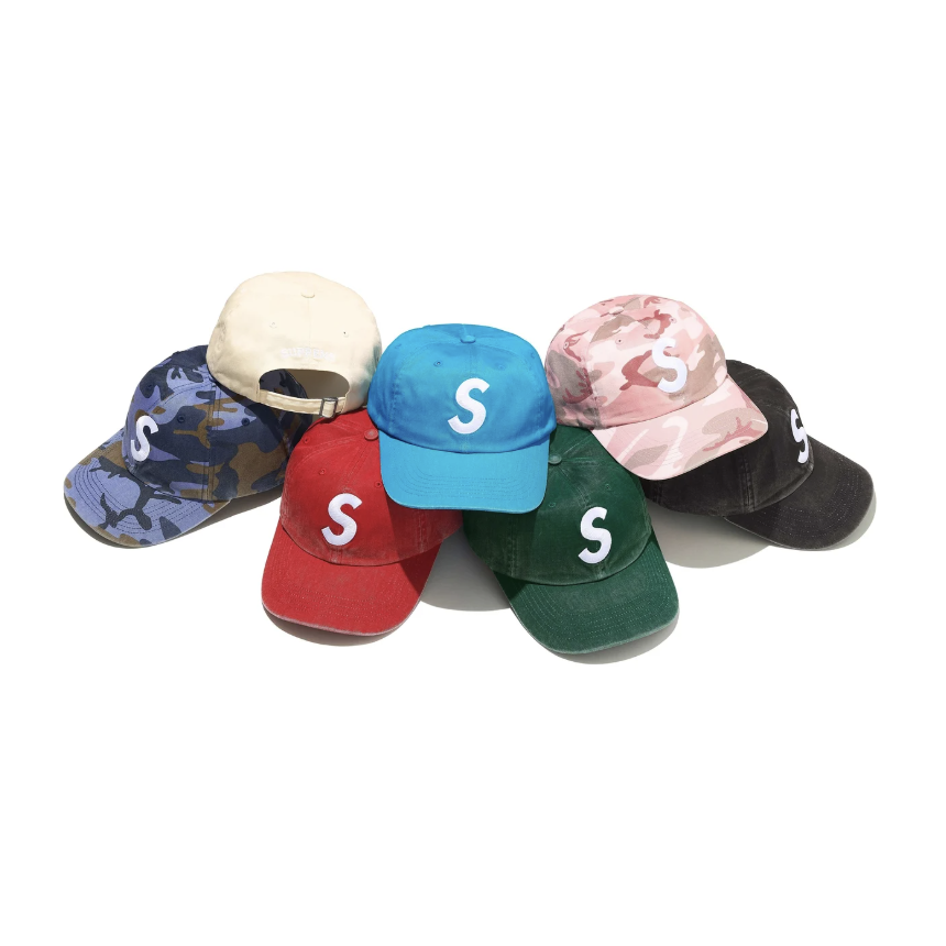 -(B06)-SUPREME PIGMENT COATED S LOGO 6-PANEL 六分割帽 水洗黑色/水洗紅色/粉迷彩/藍迷彩/綠色/米白/天空藍-SS25H24