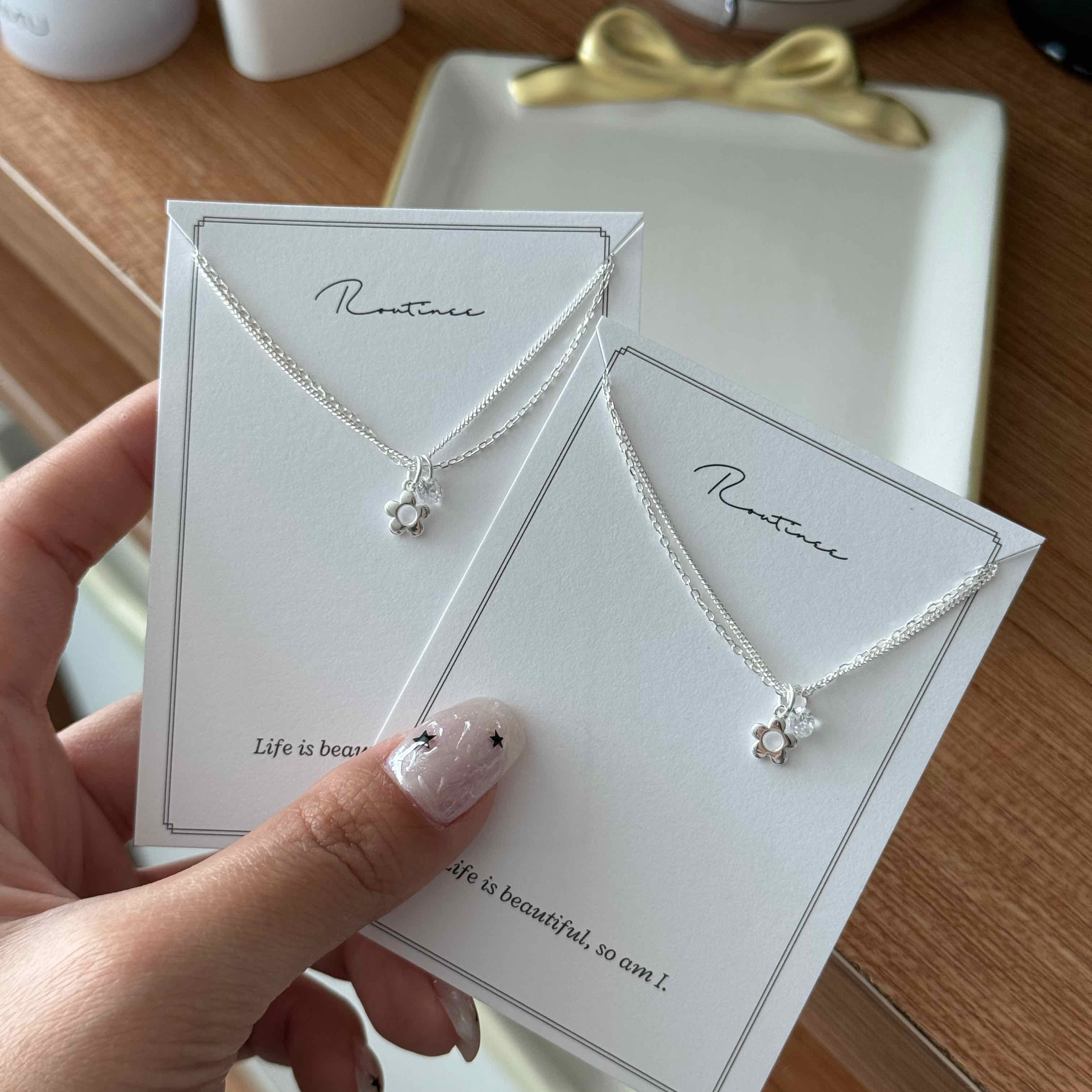 🇰🇷925 silver 小花鑽鑽雙層項鍊／手鍊