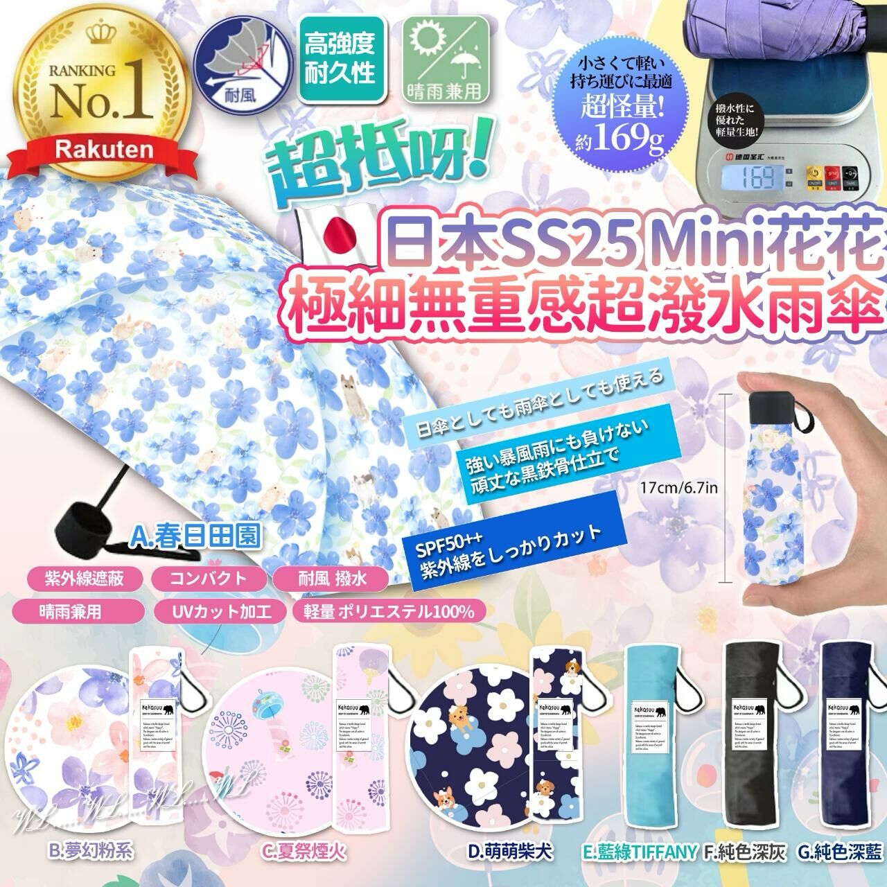 日本 SS25 Mini 花花極細無重感滴水不沾超潑水雨傘