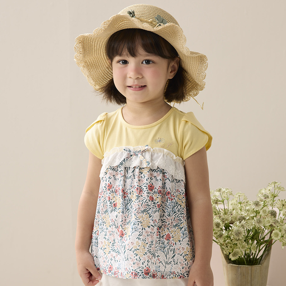 PIPPY 華麗剪接印花圓領荷葉袖短袖上衣 黃