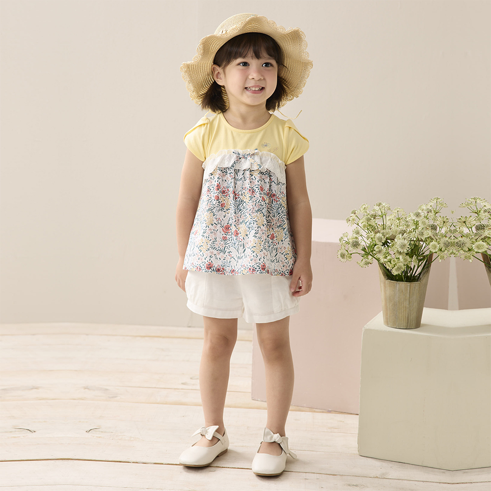 PIPPY 華麗剪接印花圓領荷葉袖短袖上衣 黃