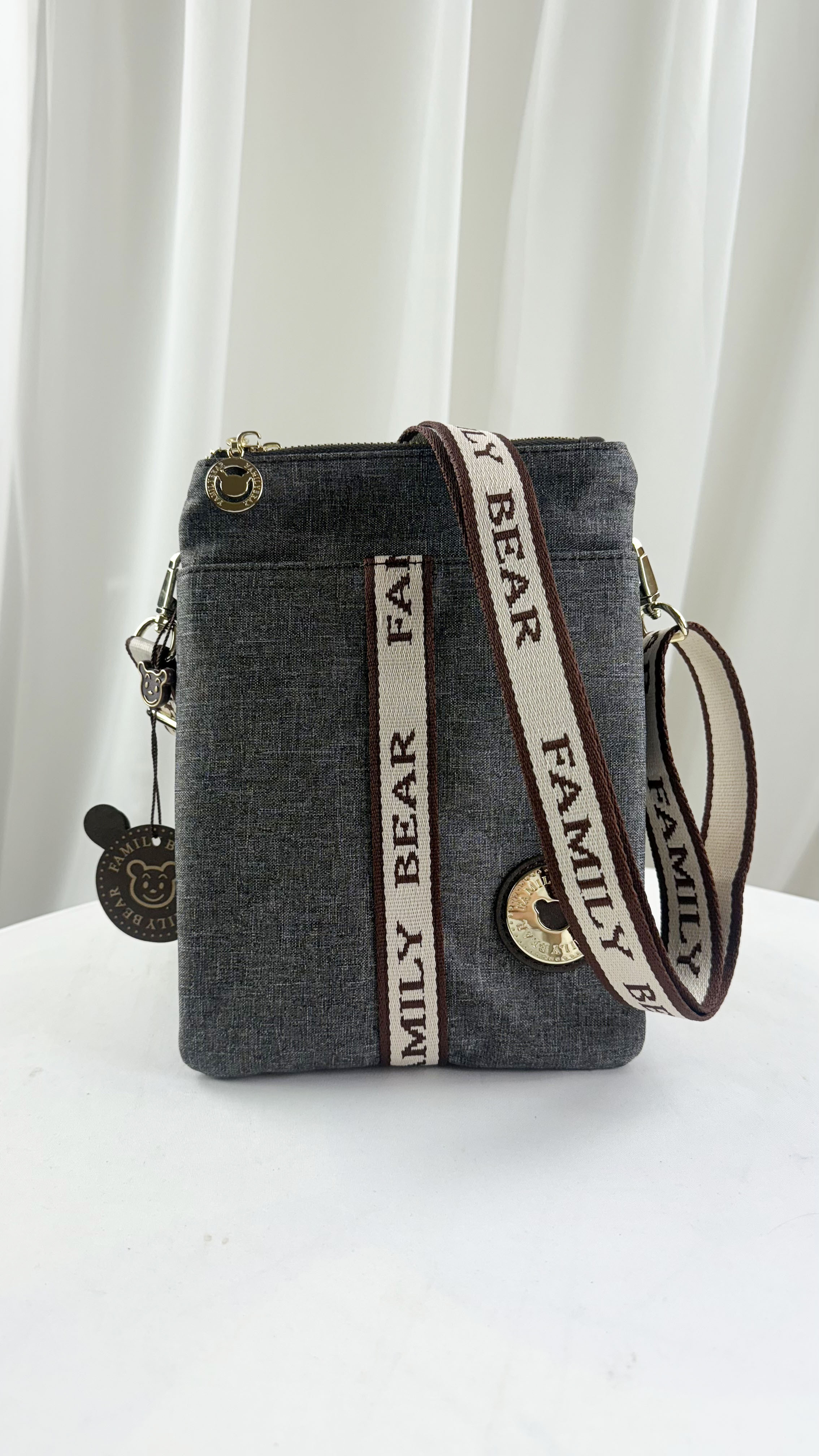 FamilyBear 織帶灰配咖防潑水雙層側背包 / 手機袋 #2505-1