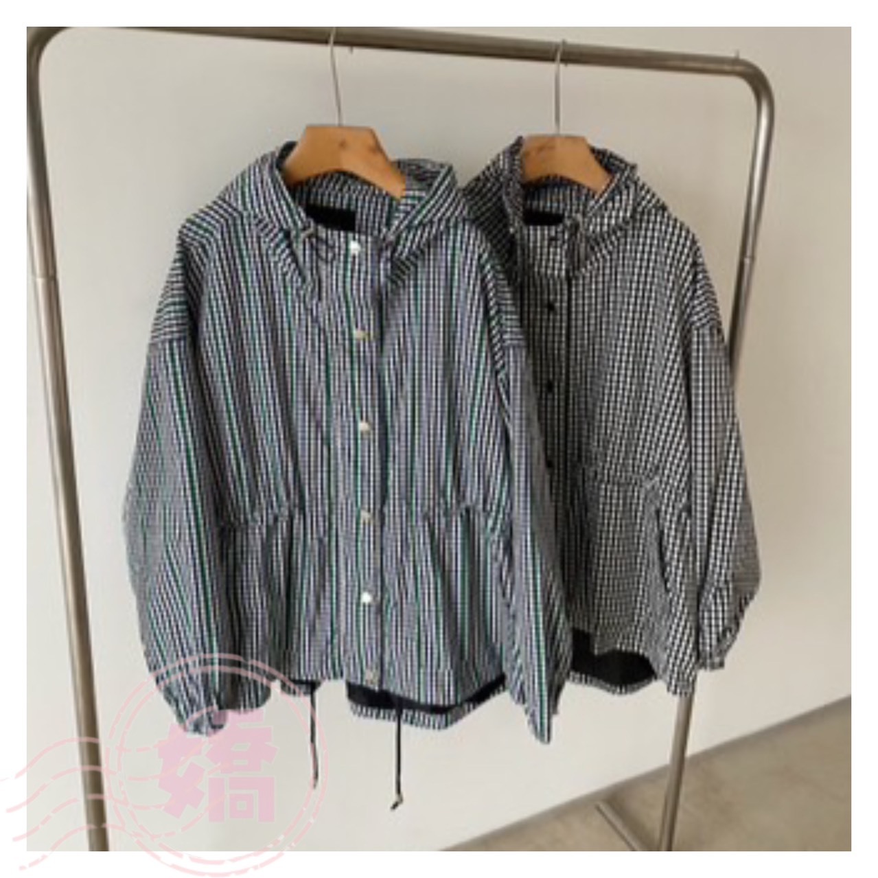 K22002連帽縮腰外套(淺灰'深灰'綠'黑'綠格'黑格)