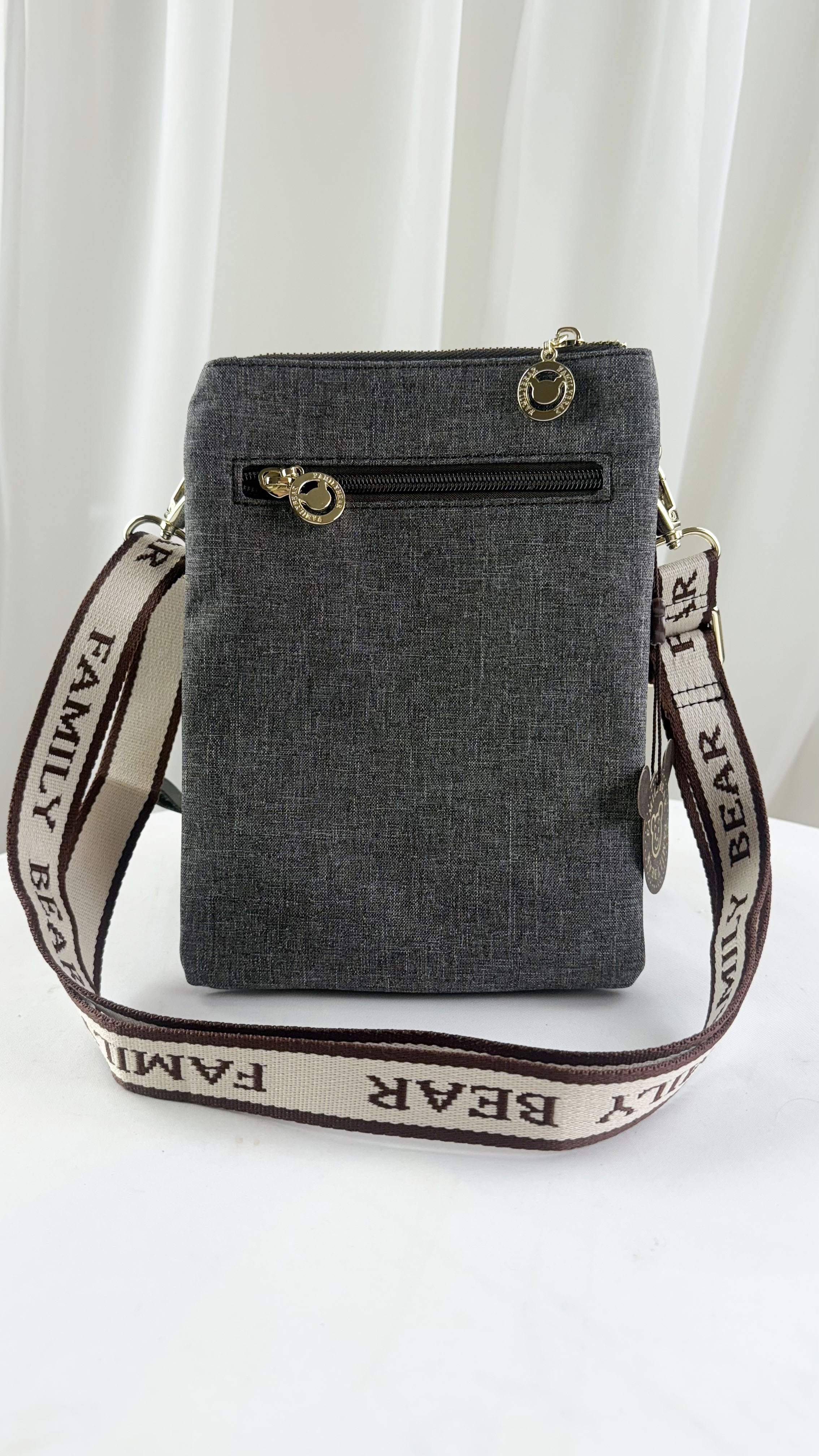 FamilyBear 織帶灰配咖防潑水單層側背包 / 手機袋 #2231