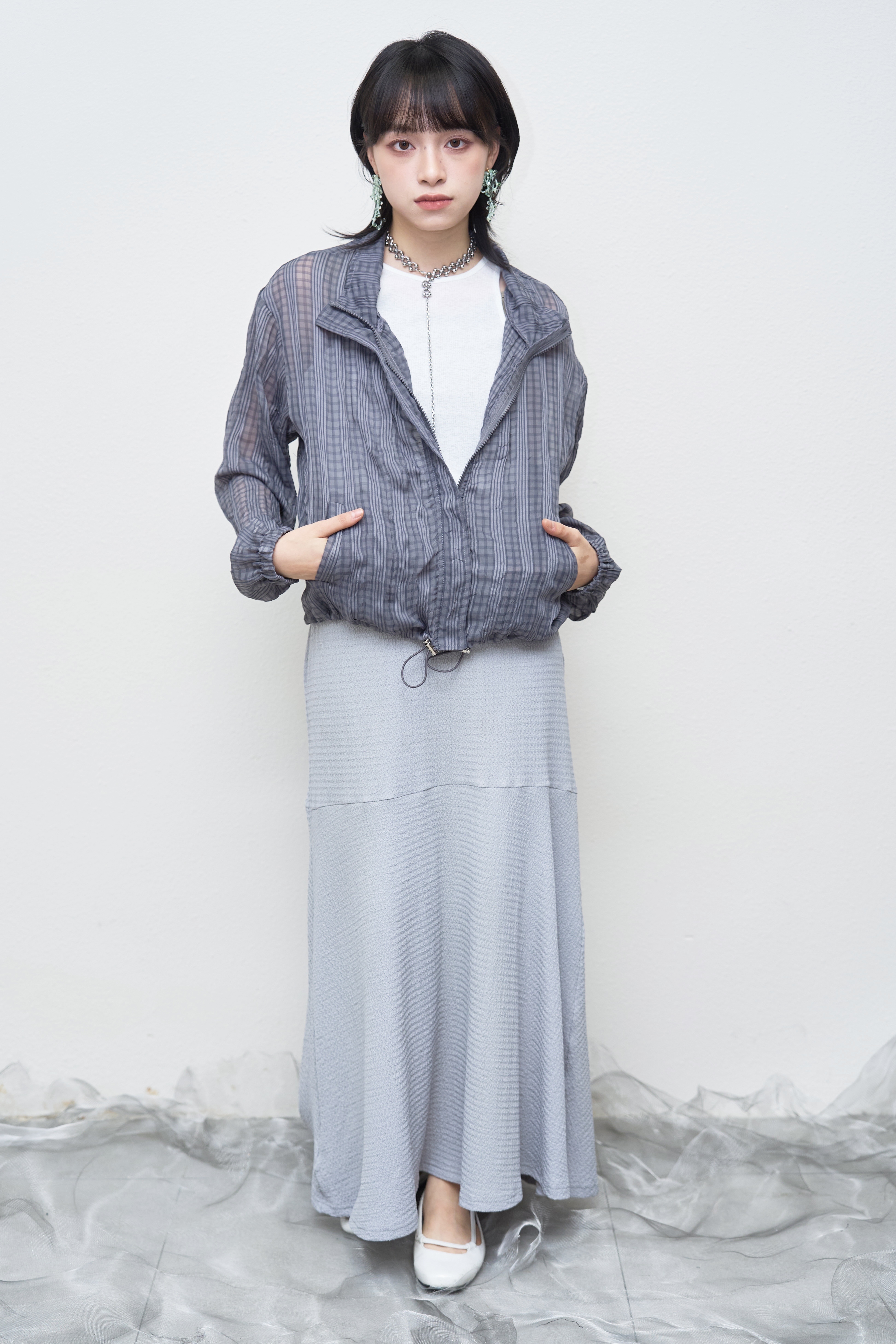 輕透格紋拉鍊外套 - JK51406