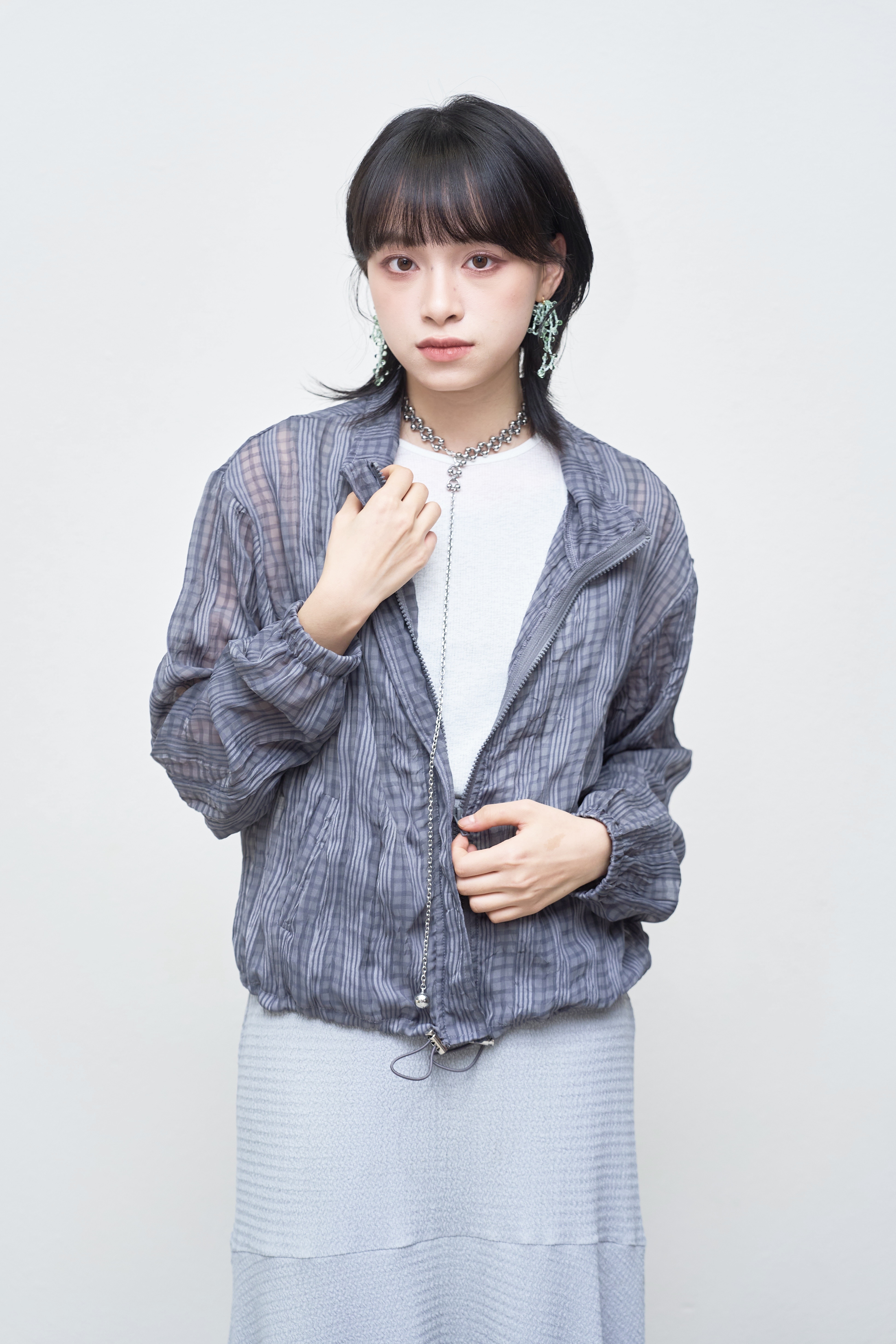 輕透格紋拉鍊外套 - JK51406