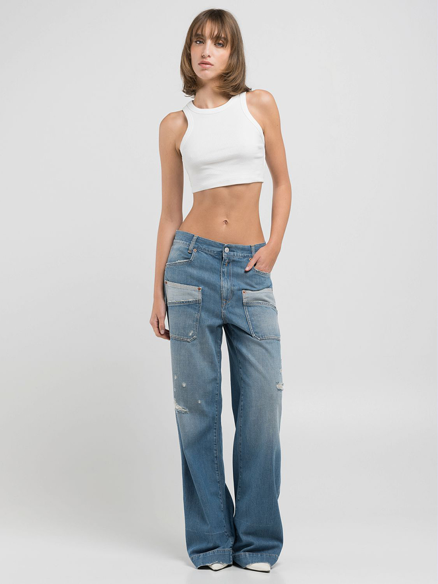 撞色大口袋微破壞丹寧牛仔寬褲