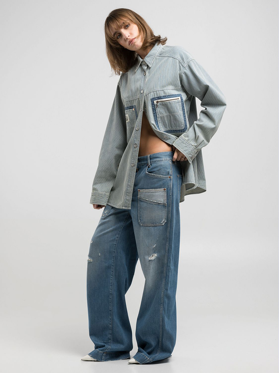 撞色大口袋微破壞丹寧牛仔寬褲