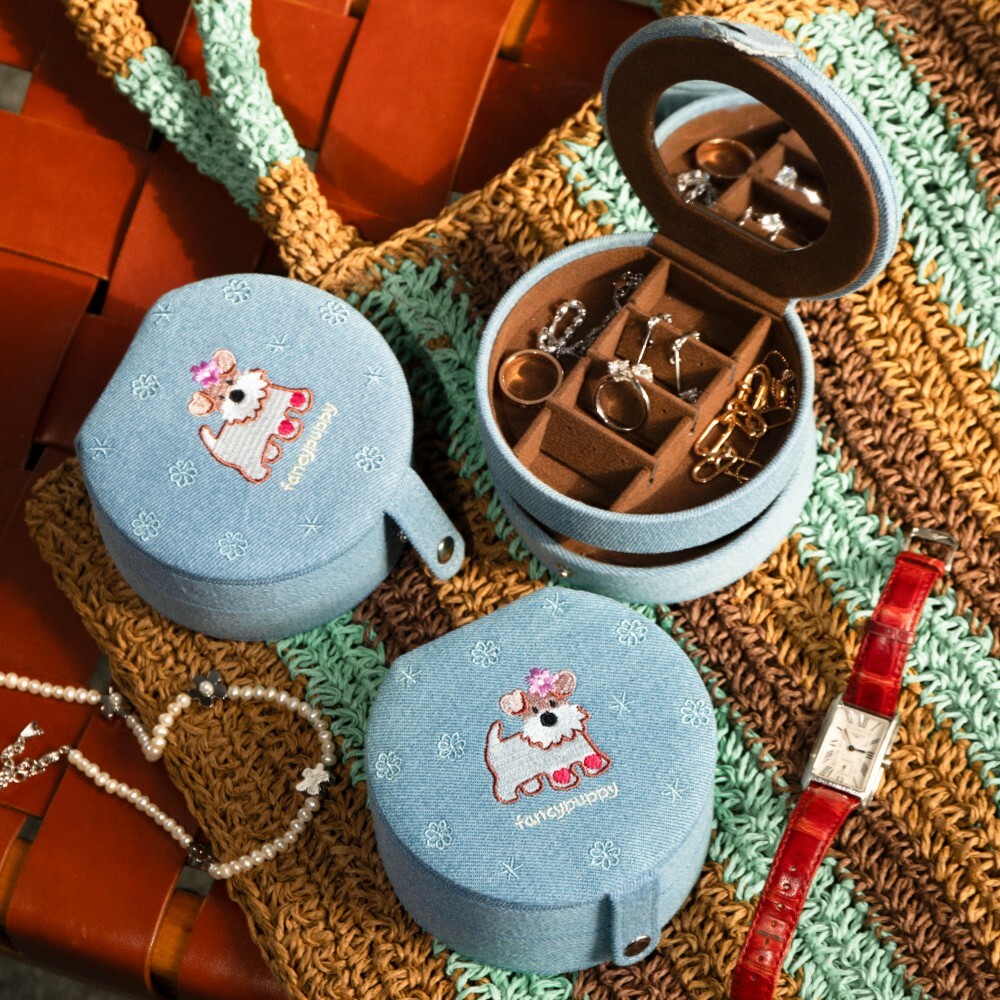 《5767》花花小狗牛仔雙層飾品收納盒