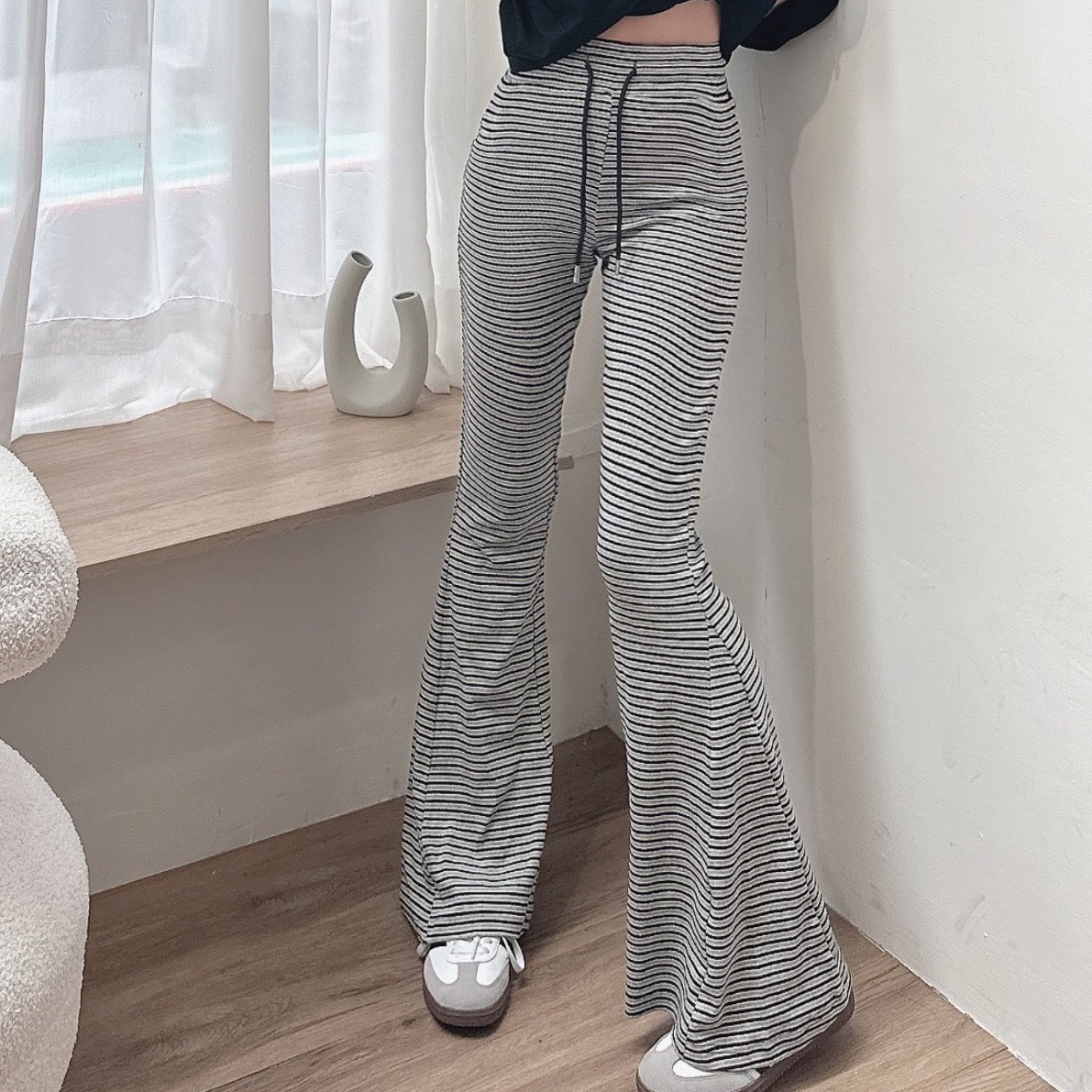 高腰彈棉條文喇叭褲/單一色