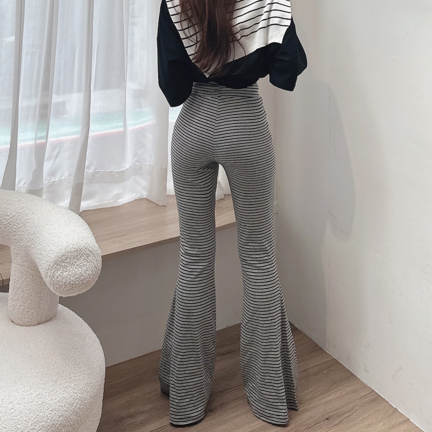 高腰彈棉條文喇叭褲/單一色