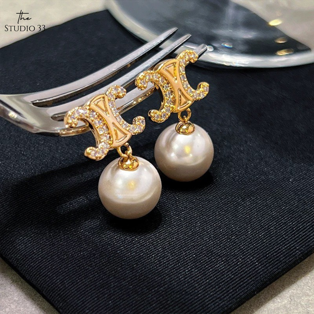 法式珍珠鑲鑽凱旋門耳環(特)