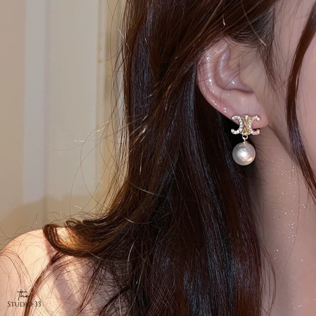 法式珍珠鑲鑽凱旋門耳環(特)