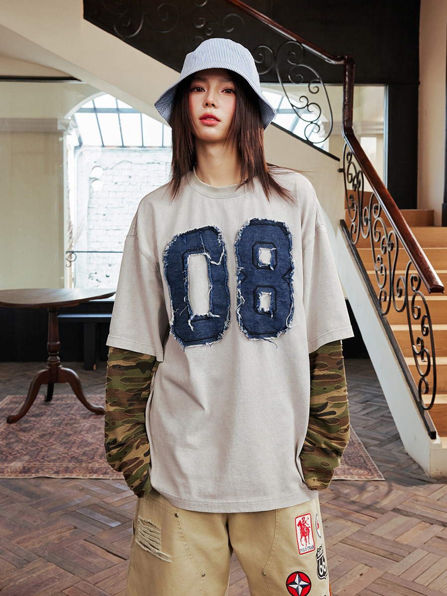 harsh and cruel 2025SS 美式做舊 假兩件 迷彩拼接 破壞貼布 長袖