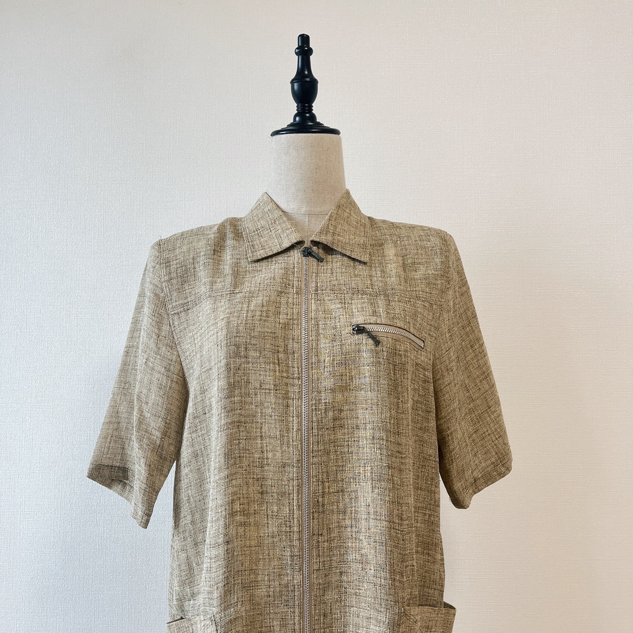 卡其色紋理感淨色古著連身裙