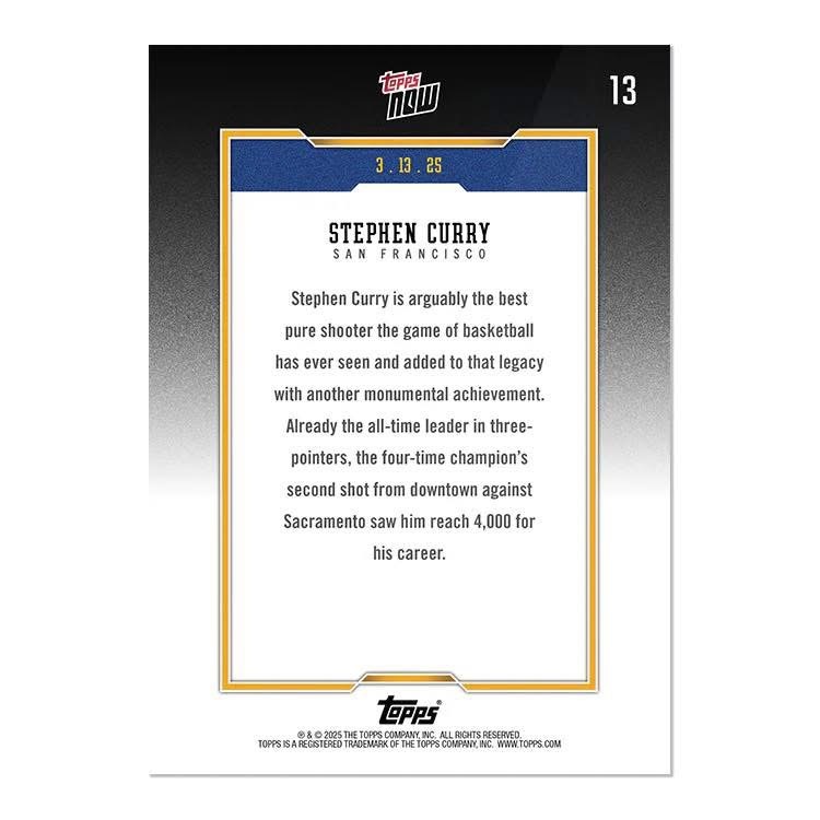 Stephen Curry 4000顆三分球 歷史紀念卡 2025 Topps NOW®
