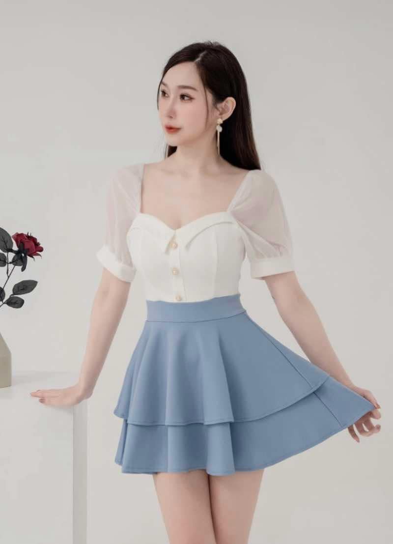 獨家訂製🤍雪紡拼色雙層荷葉邊傘洋（藍色均碼有罩杯）