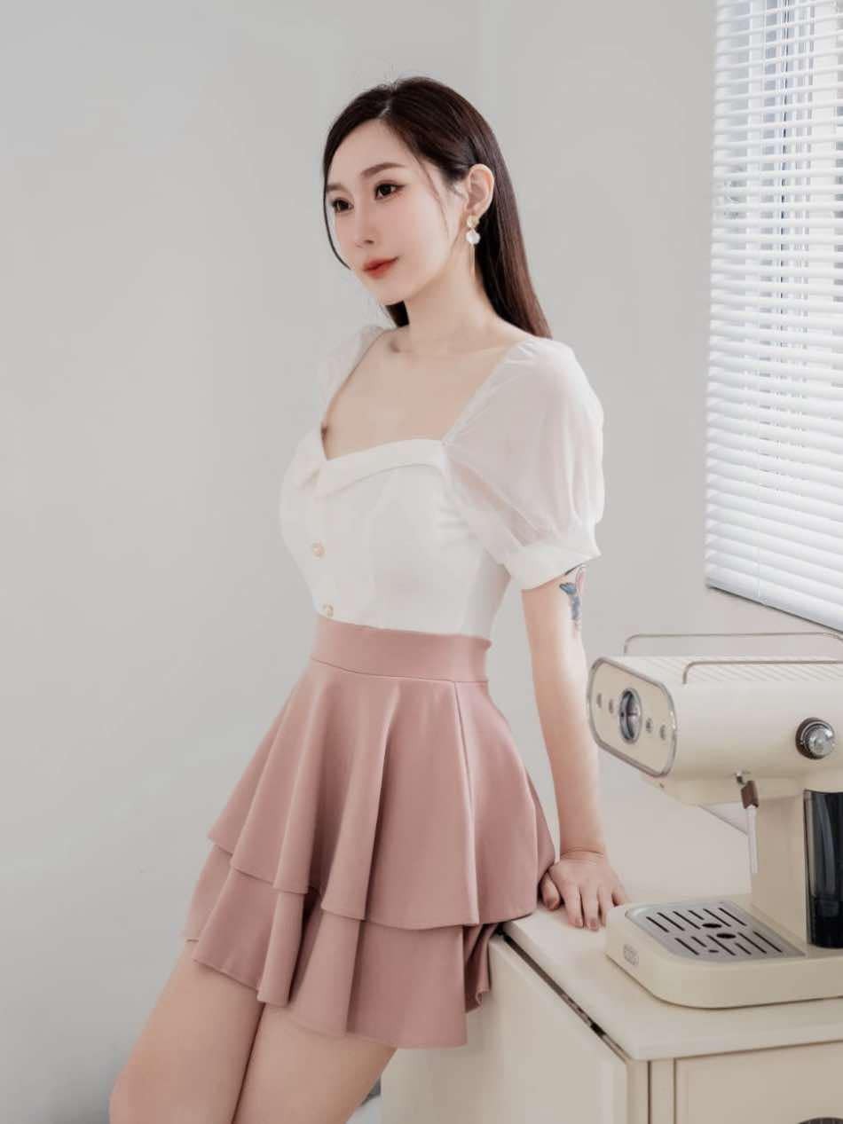 獨家訂製🤍雪紡拼色雙層荷葉邊傘洋（粉色均碼有罩杯）