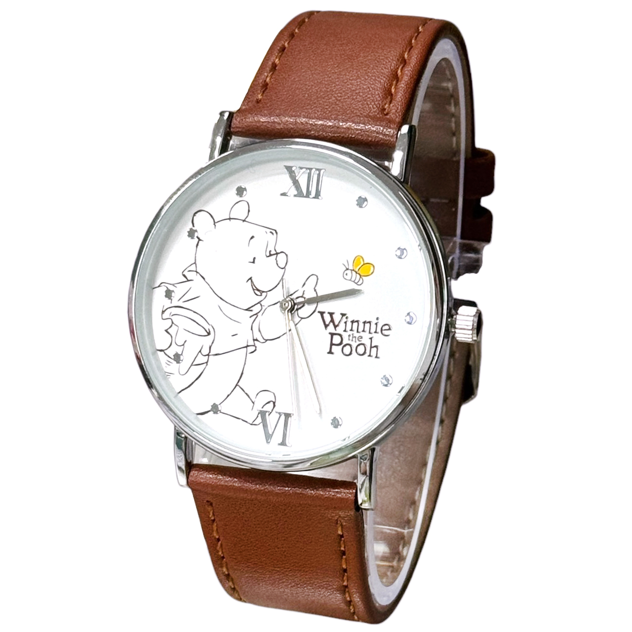 【迪士尼】小熊維尼皮帶手錶 銀殼白色面板