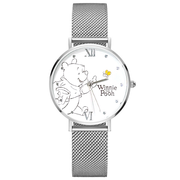 【迪士尼】小熊維尼米蘭鋼帶錶 銀殼白色面板