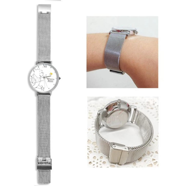 【迪士尼】小熊維尼米蘭鋼帶錶 銀殼白色面板