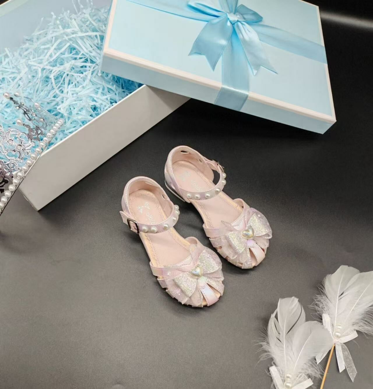 BYB03SS153PK 甜美粉珍珠心心蝴蝶結公主鞋