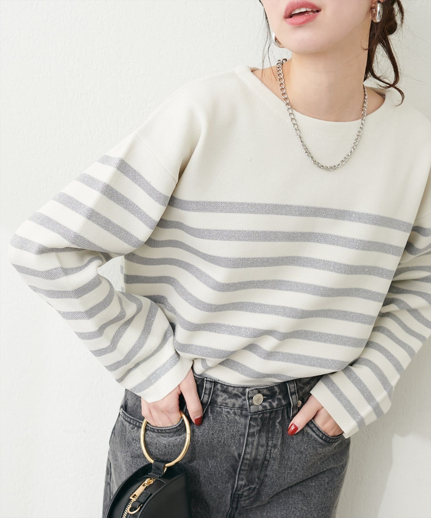 natural couture(ナチュラルクチュール)  【WEB限定】ボーダージャガード長袖プルオーバー灰（0351050020）