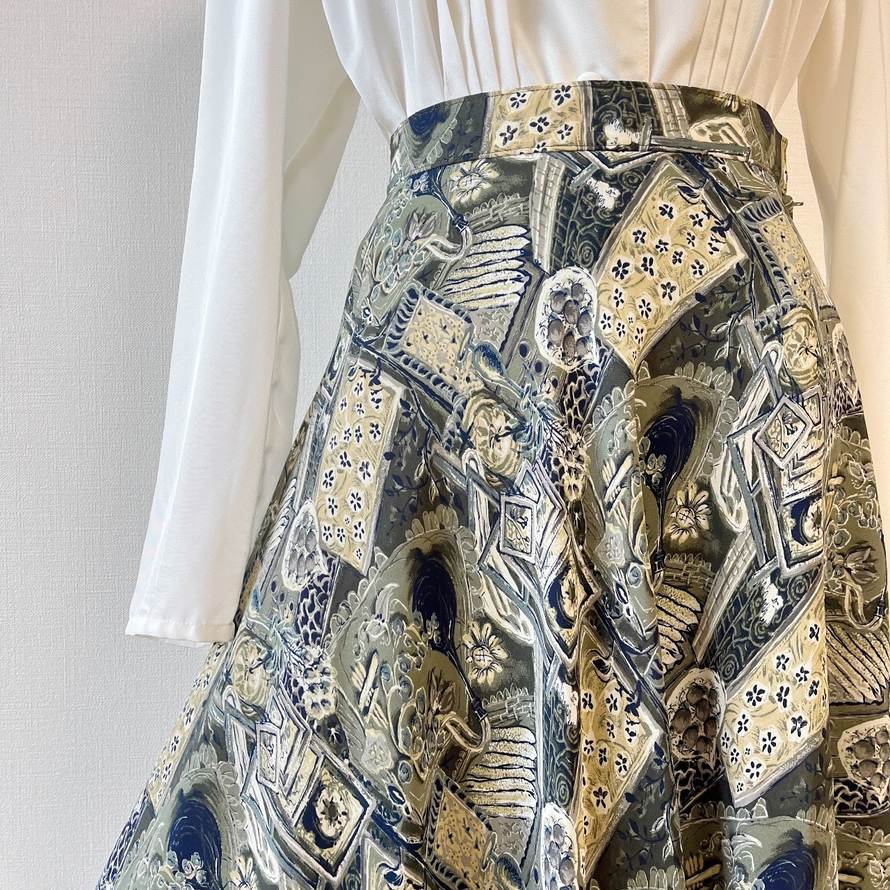 日本製墨綠色油畫風圖案古著半裙