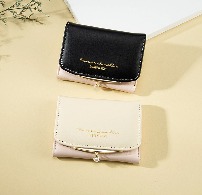 Korean Style Minimalist Short Wallet with Pearl Charm