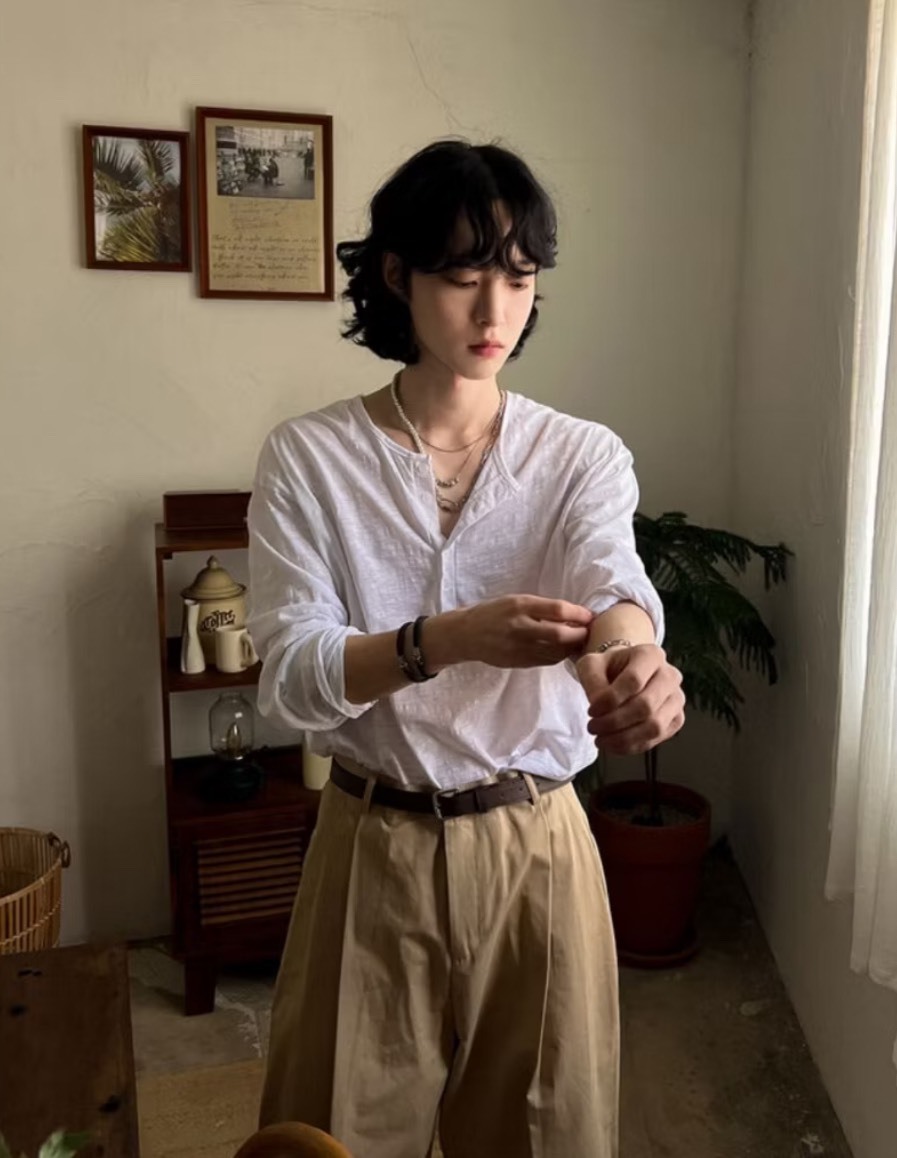 褶皺竹節棉薄紗亨利長袖