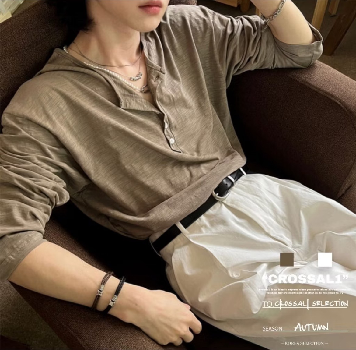 褶皺竹節棉薄紗亨利長袖