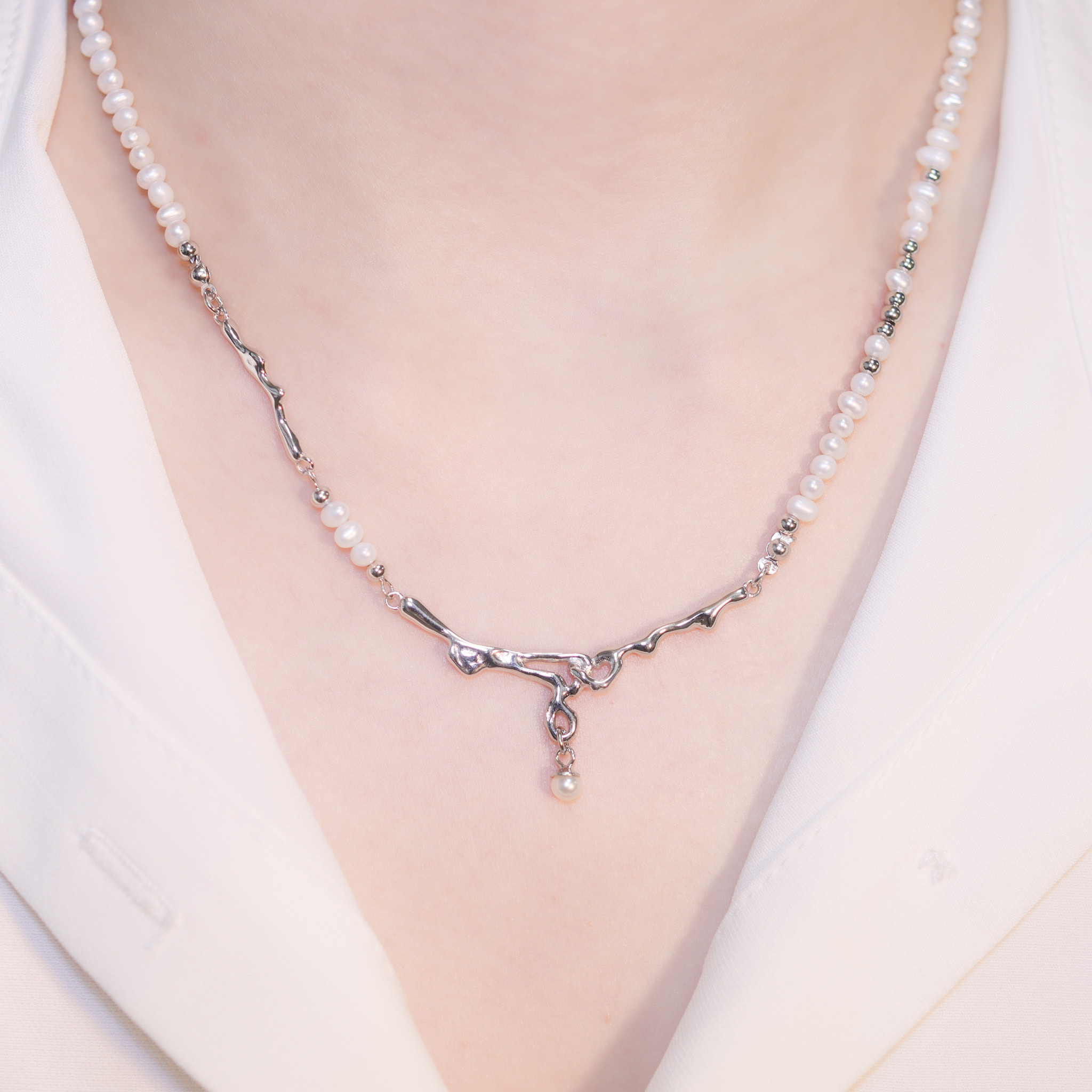 | 925純銀・白金・珍珠 | 熔岩質感珍珠項鍊 | NE1340 |