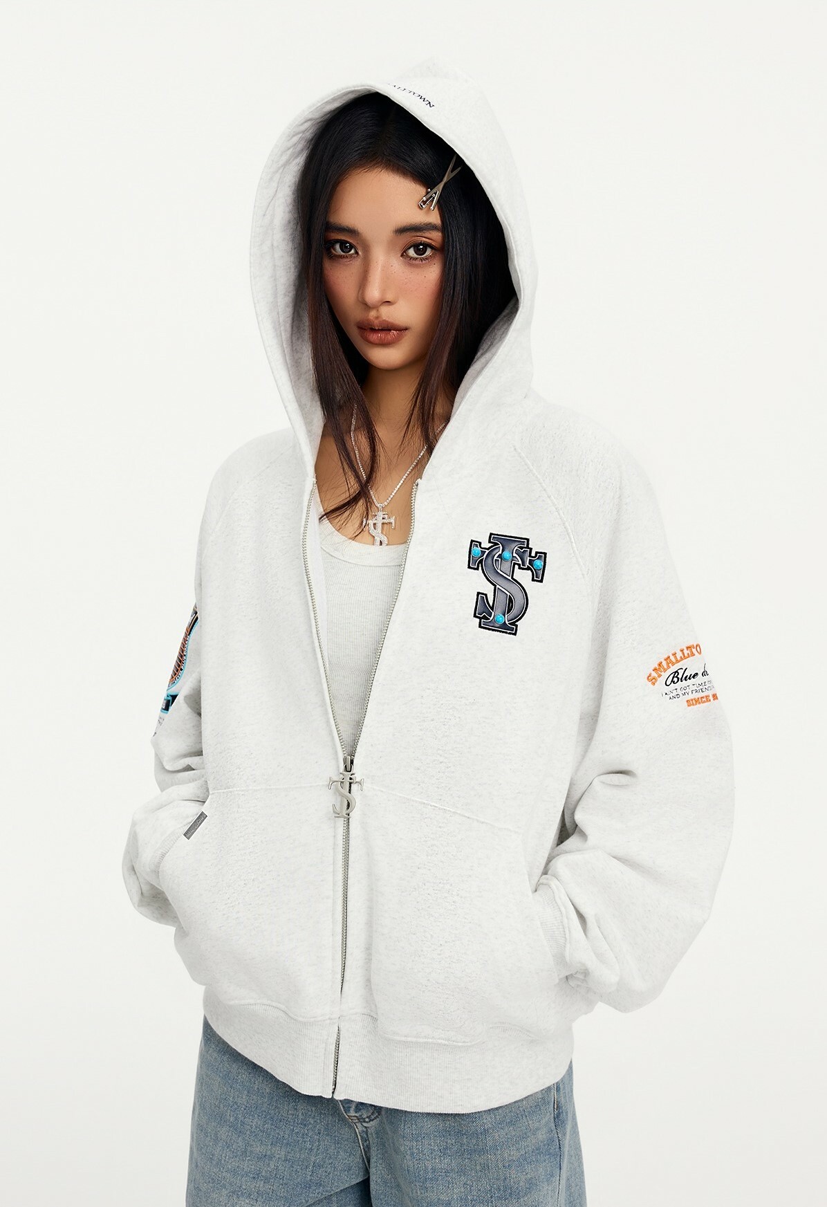 STK SmallTownKid 綠松石 刺繡標章 連帽外套