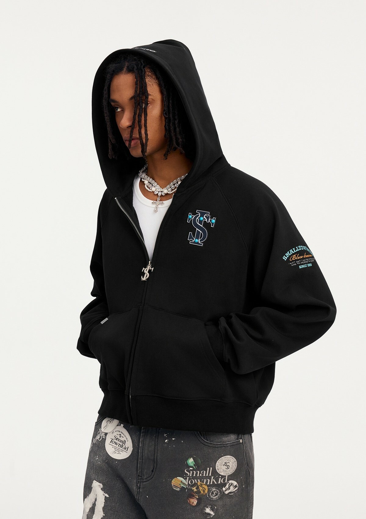 STK SmallTownKid 綠松石 刺繡標章 連帽外套