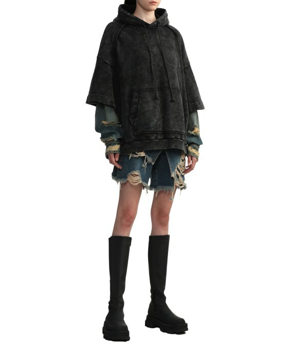 【Focus Store】預購 JUUN.J Denim-layered relaxed washed hoodie "Black" 黑色 假兩件式連帽長T