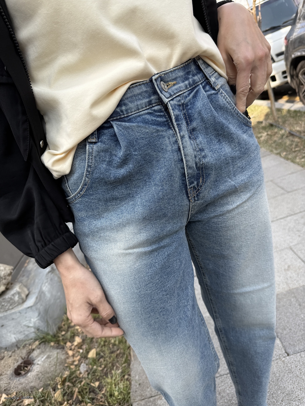 正韓仿舊霧藍打摺鬆緊牛仔小男友