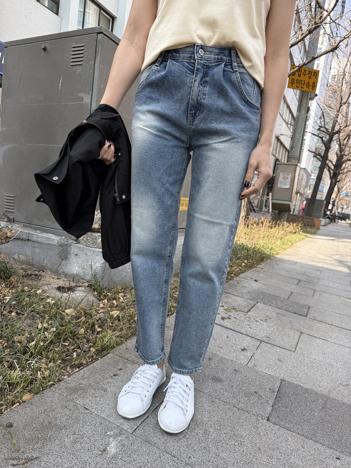 正韓仿舊霧藍打摺鬆緊牛仔小男友