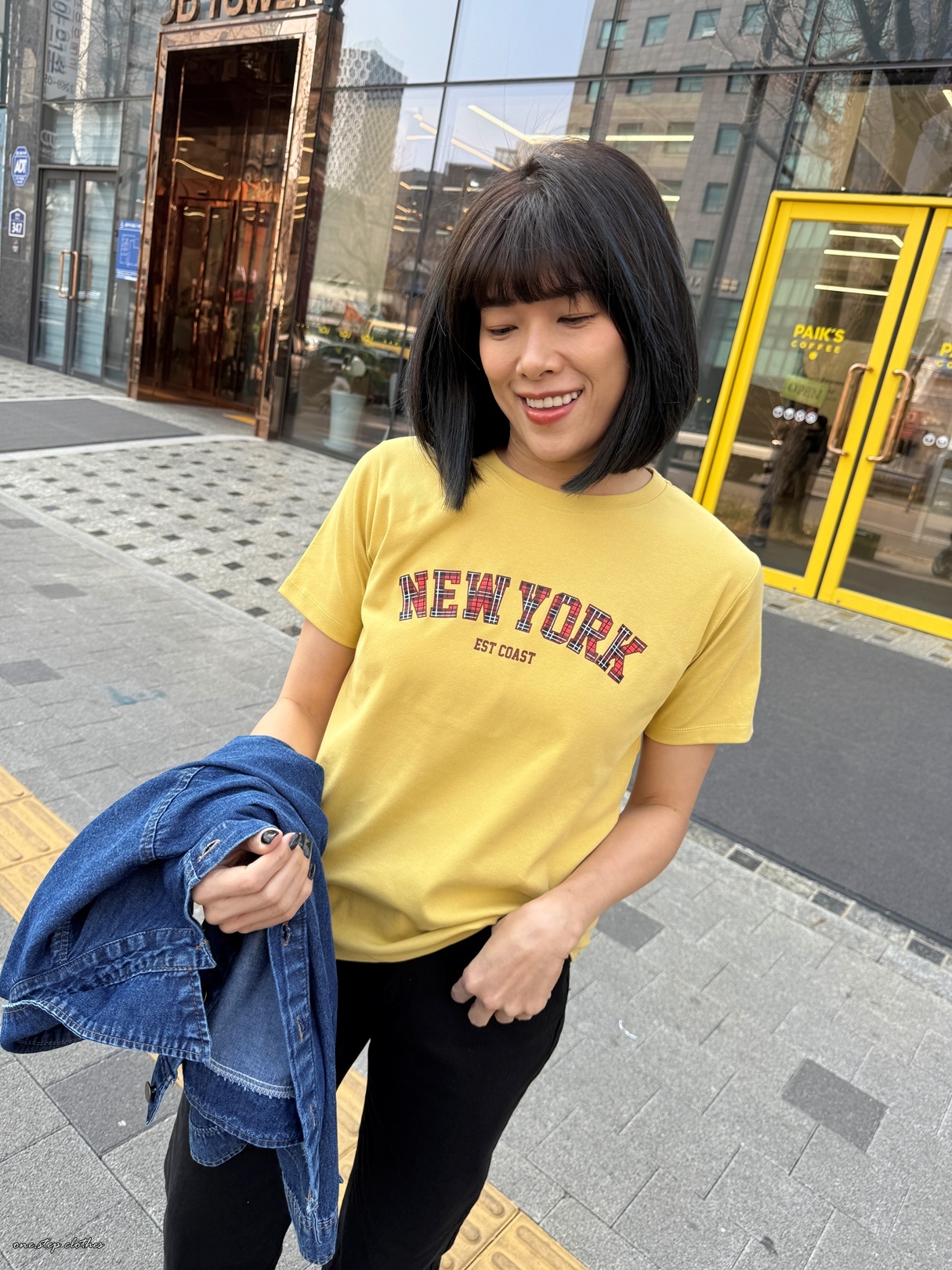 正韓格紋NEW YORK配色T (黃)