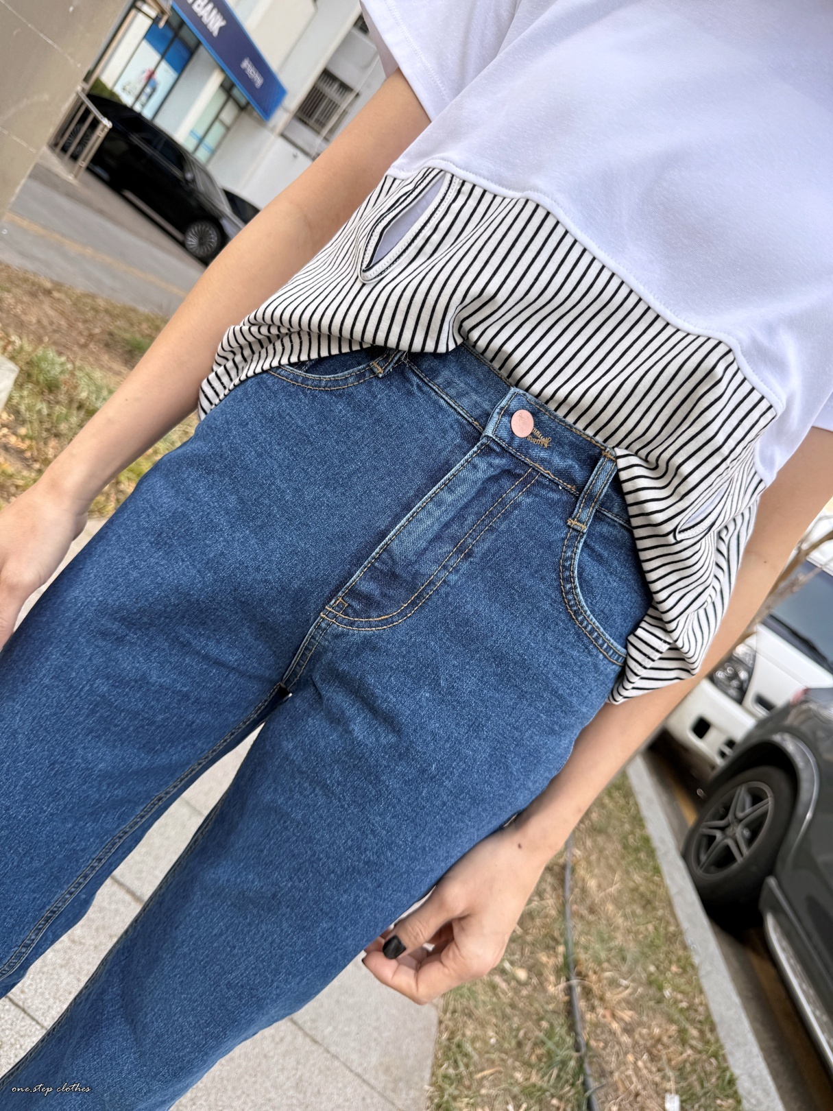 正韓wish復古霧感後鬆緊小直筒 (深藍)