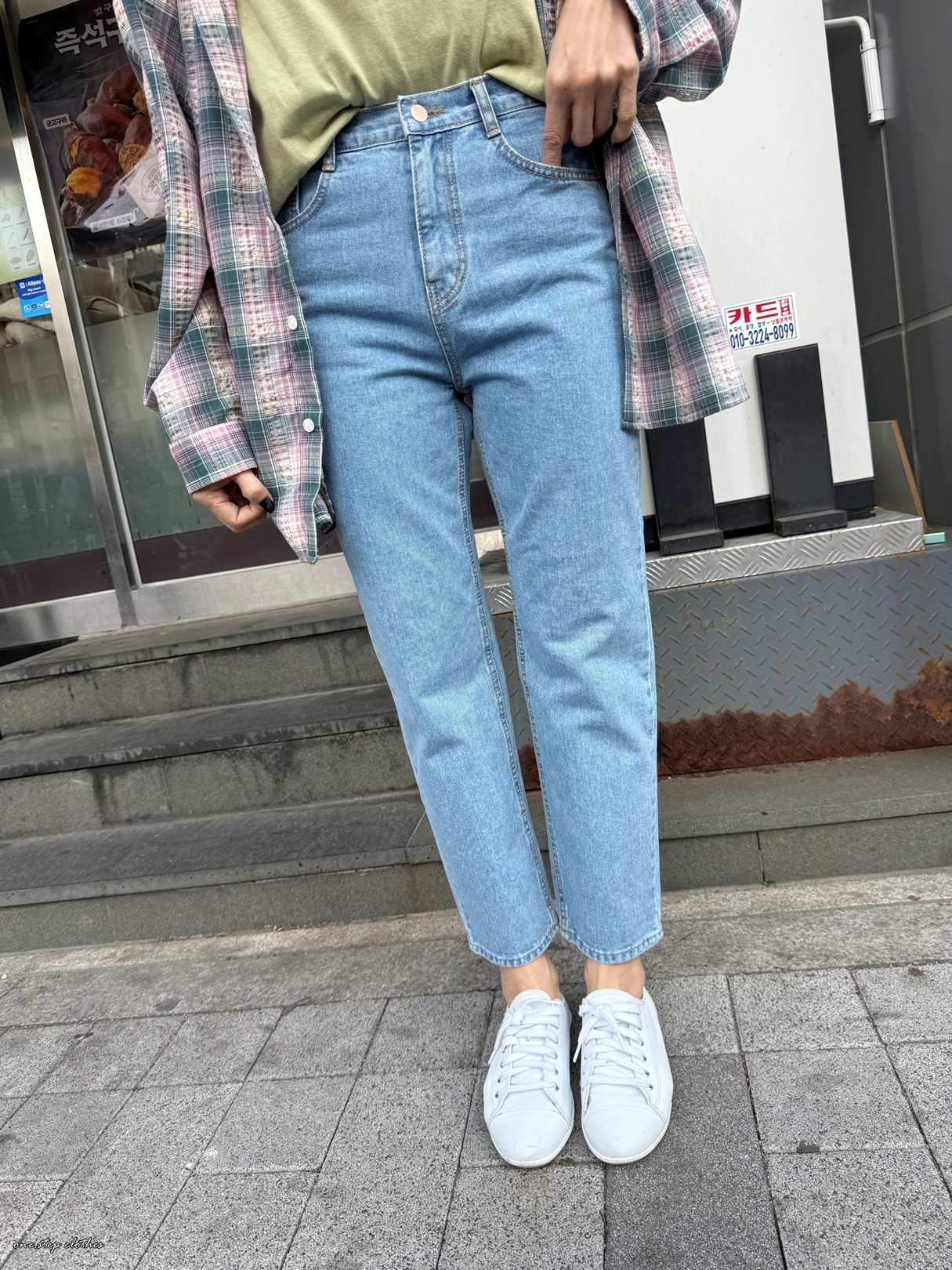 正韓wish復古霧感後鬆緊小直筒 (淺藍)