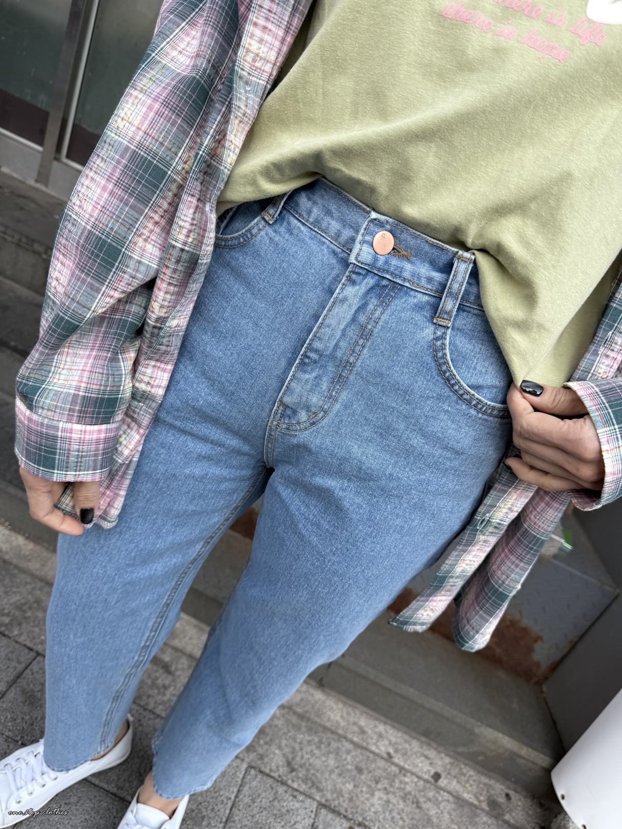 正韓wish復古霧感後鬆緊小直筒 (淺藍)