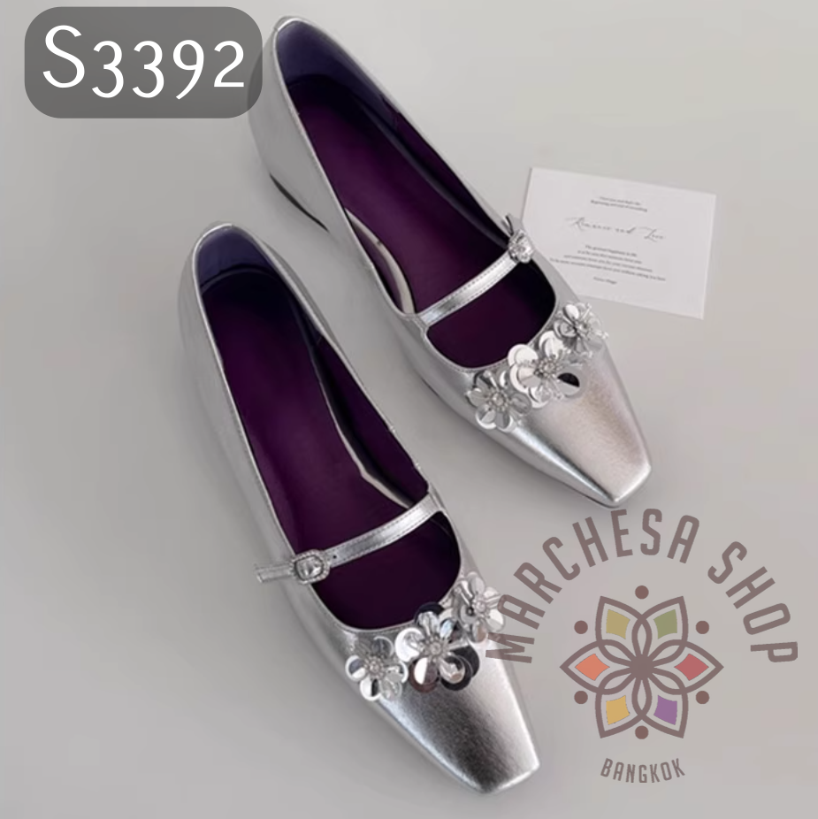 S3392 - 牛皮精緻花飾一字帶方頭平底鞋