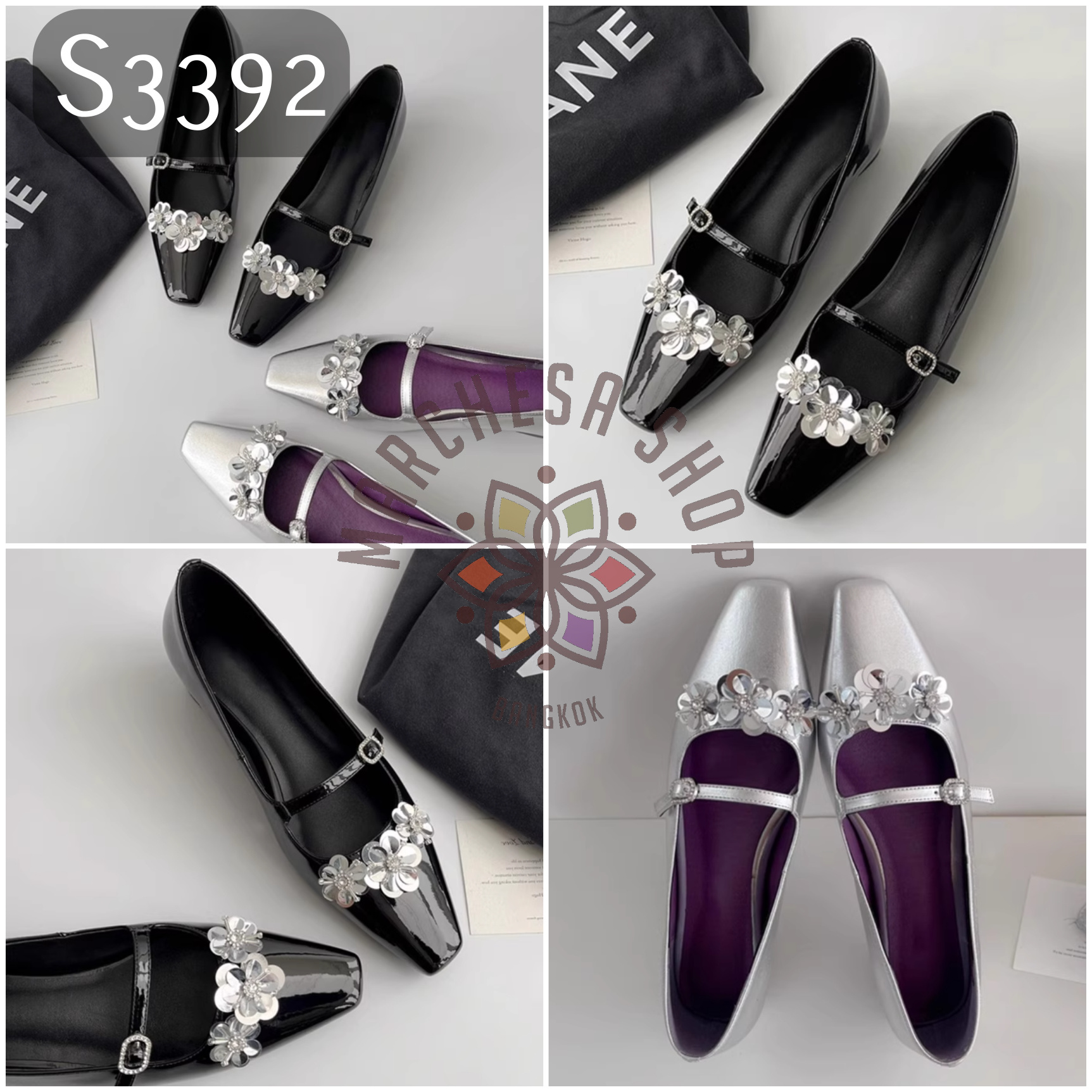 S3392 - 牛皮精緻花飾一字帶方頭平底鞋