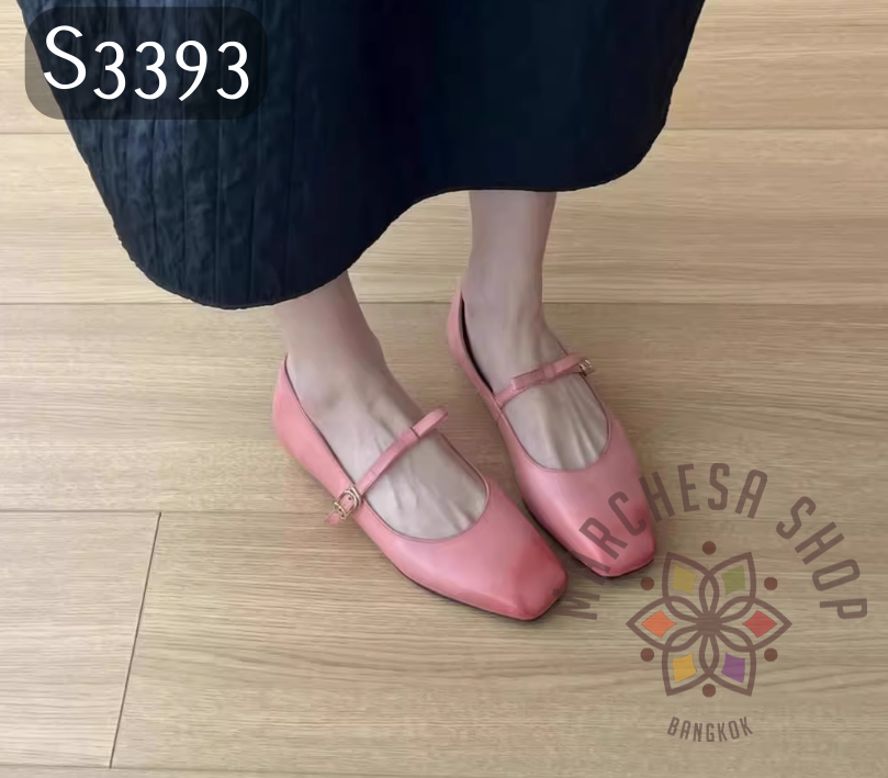 S3393 - 羊皮水磨一字蝴蝶結方頭平底鞋